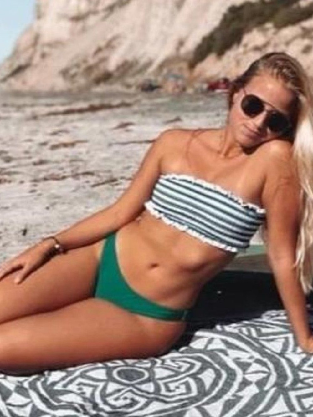 Striped White & Green Smocked Tube Top Bikini Solid Green Bikini Bottom 8